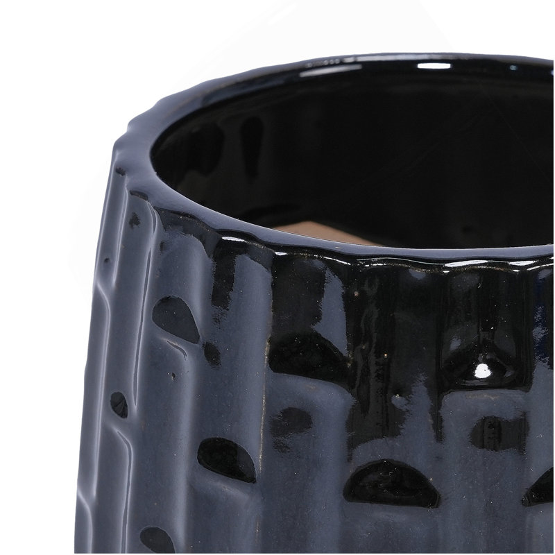 Handmade Ceramic Flower Pot With Groove Pattern, 6 & 8 Inch Diameter, Black Color For Orchids, Indoor/Outdoor Use On Windowsill & Bookshelf, Breathable Clay With Saucer