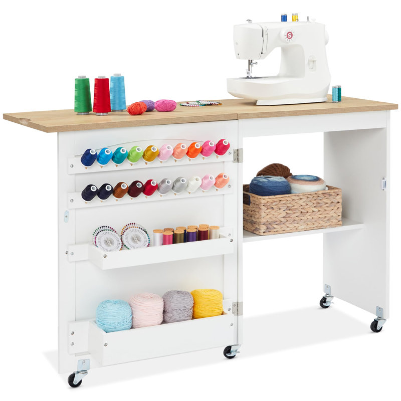 Table de couture pliante multifonctionnelle et table d'appoint, Naturel / Blanc