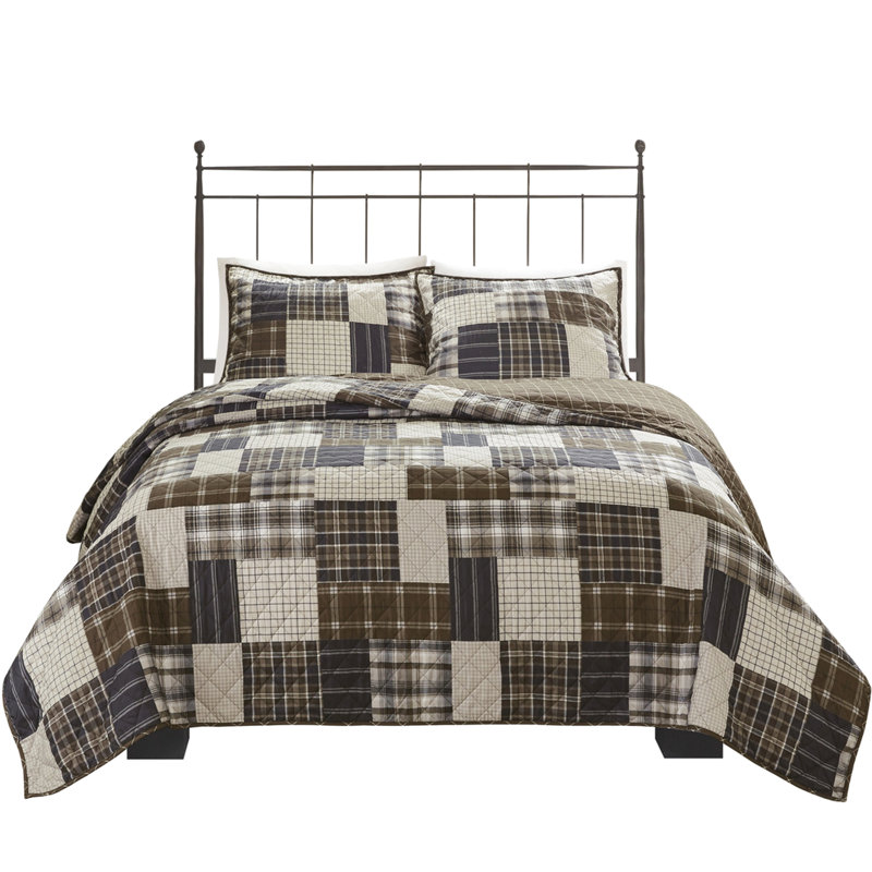 Reversible Quilt - 3 Pieces, Black/Brown, Microfiber Back, Zippered Shams Microfiber, Plaid Reverse, Machine Washable