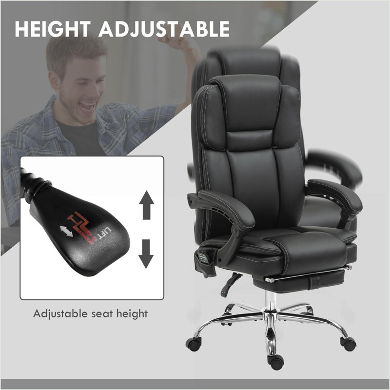 Fauteuil de massage à 6 points de vibration, inclinable chauffant, réglable en hauteur Repose-pieds | Noir | Cuir PU, Noir