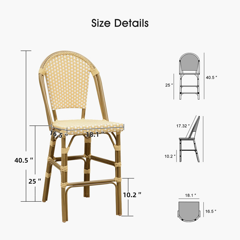 Patio Bamboo Print Finish Bar Stools With Rattan Back (Set Of 2), Yellow/Brown, Counter Stool (25" Seat Height)