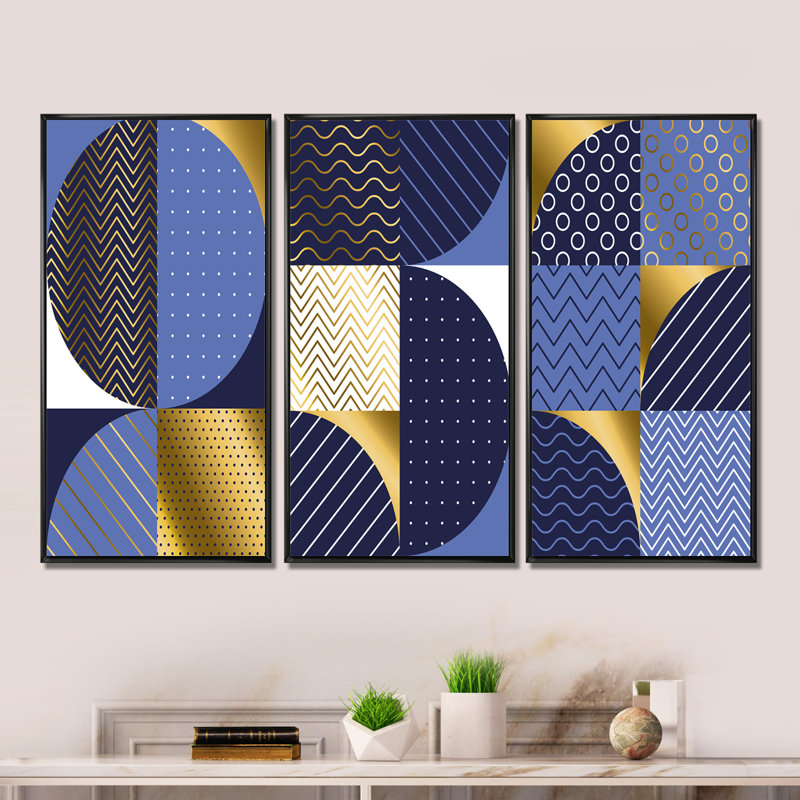 «Retro Luxury Waves in Gold and Blue IV», reproduction de cadre photo sur toile 3 pièces, H 28 po x l 36 po, Noir