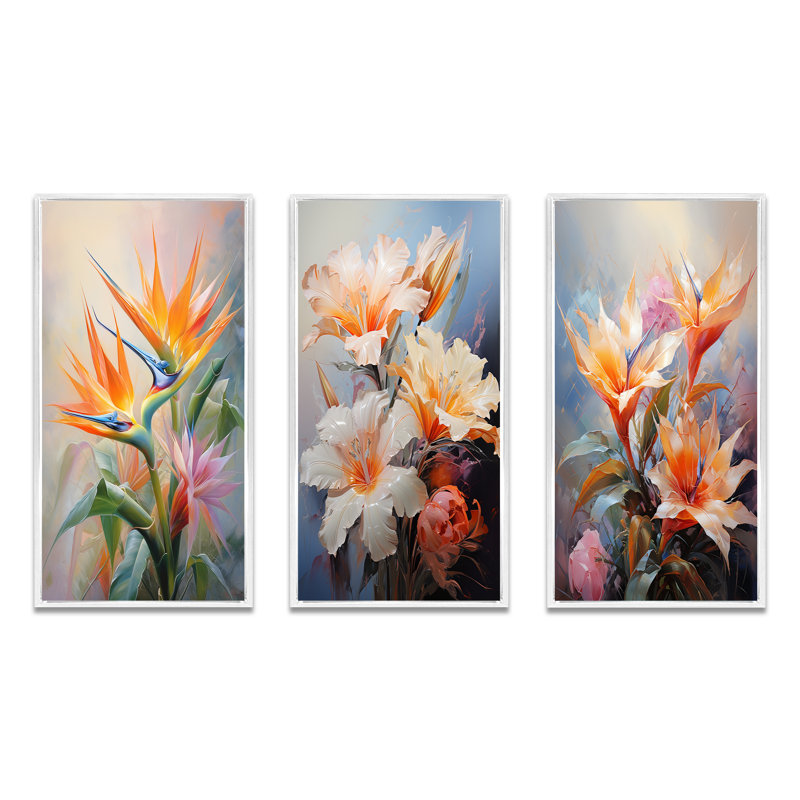 «Birds Of Paradise Romantic», 3 pièces sur toile, Cadre blanc, H 20 po x l 36 po
