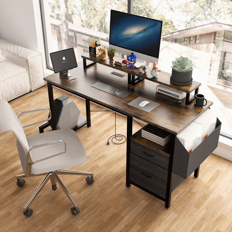 47.3"Office Desk With Power Outlet,2 Monitor Stands,2 Drawers,Side Pocket,Easy To Assemble,Frame Stability Reversible,Use For Home Desk, Computer Desk, Game Table