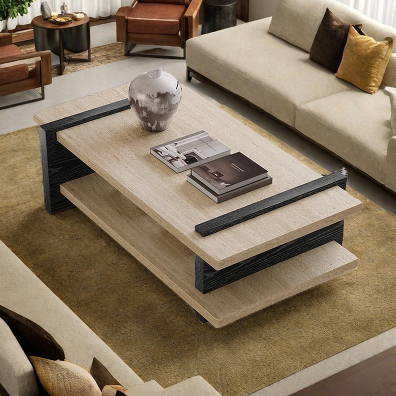 Table basse en travertin Wabi-sabi, H 14,56 po x L 47,24 po x l 23,62 po, Noir