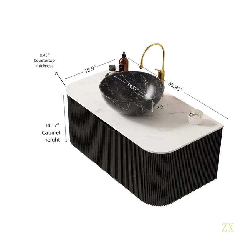 Meuble-lavabo de salle de bain 36 po, lavabo à rayures et bords arrondis avec cuve en céramique avec motif en pierre et plateau en pierre frittée Carrara, pré-assemblé