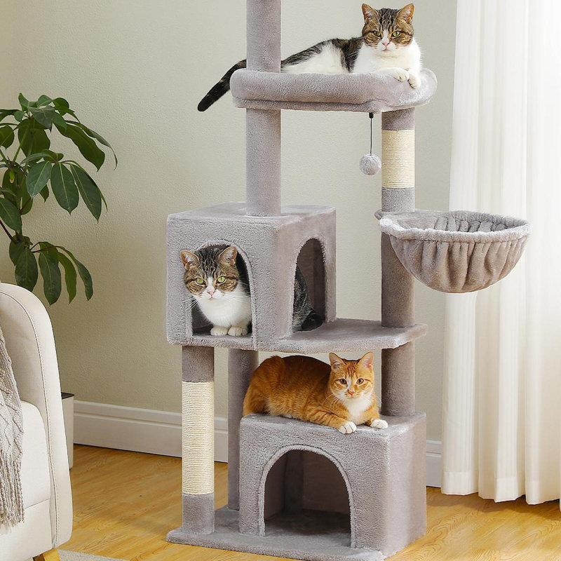 Arbre à chat de 53 pouces de haut avec 2 appartements, poteaux à griffer, hamac et jouets pour chat