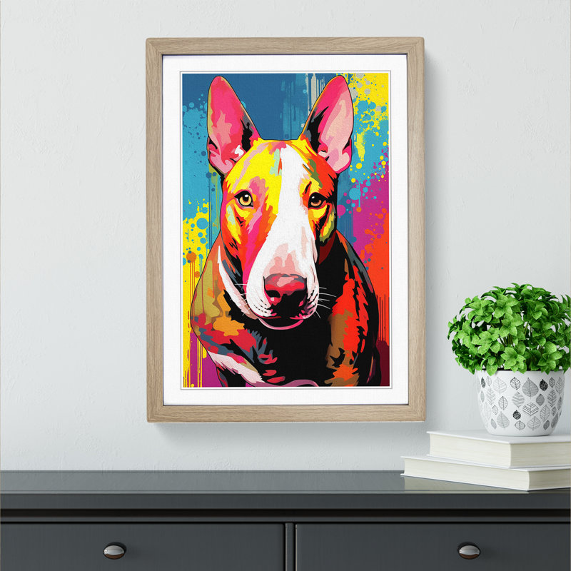 English Bull Terrier Pop - Single Picture Frame Print on Wood, Oak Framed, 46cm H x 34cm W