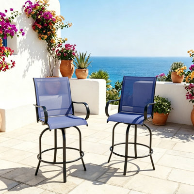 Patio Bar Stools Set of 2, High Back Swivel Outdoor Bar Chairs with Armrest, Rust-Resistant Metal Frame, All-Weather Seat
