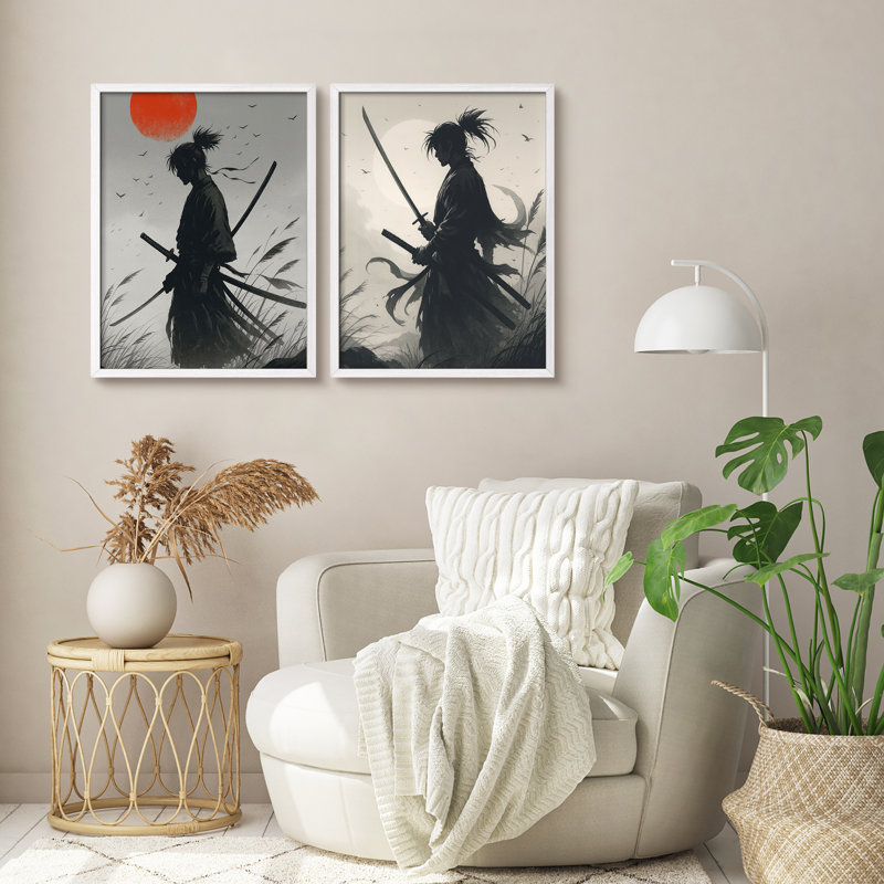 Samurai Warrior, ensemble de 2 reproductions d'art encadrées encadrées à l'encre japonaise, H 14 po x l 11 po, Blanc