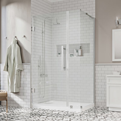 OVE Decors Panama X P 32 po P 74 po Ensemble de porte de douche pivotante en H sans cadre en chrome avec base
