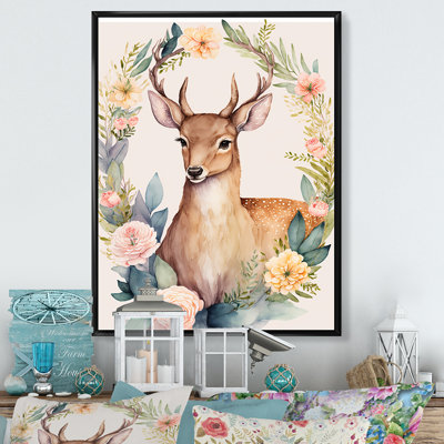 Mignon petit cerf avec fleurs roses - reproduction sur toile