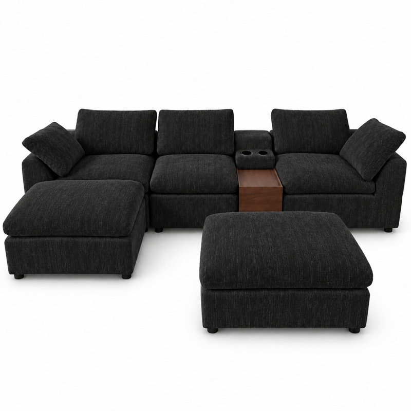 Canapé modulaire en U 125,98 po avec console de rangement et porte-gobelets, canapé en chenille 3 places, Chenille noir