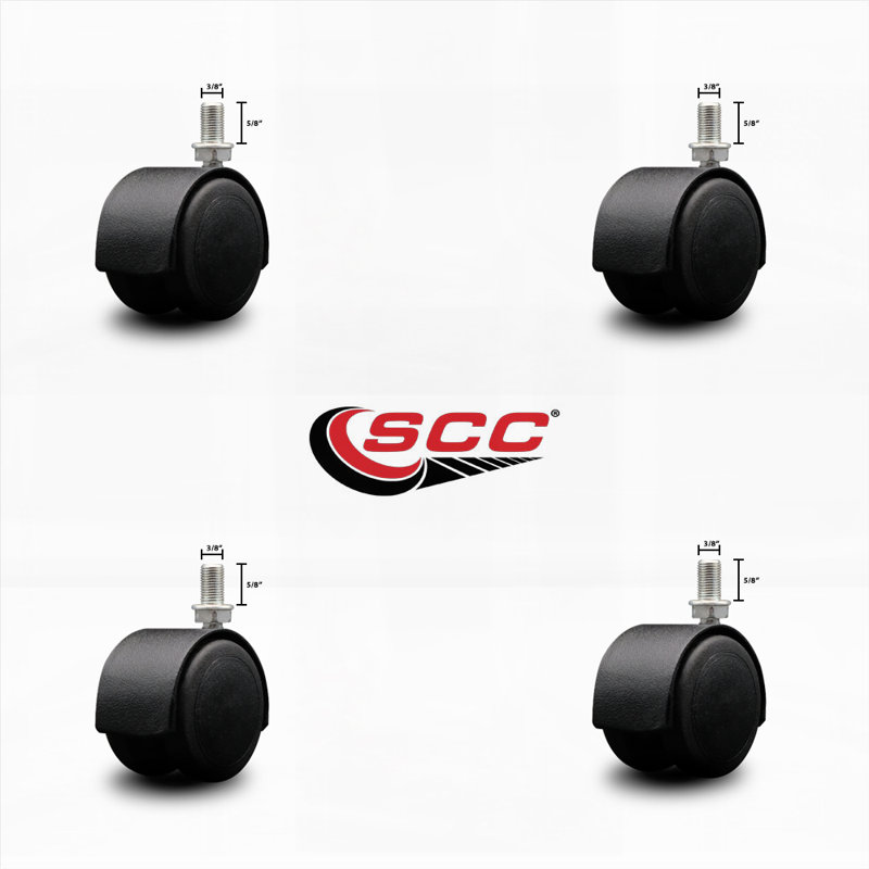 2 Inch Floor Safe Black Hooded Twin Wheel Caster 3/8 Threaded Stem Set 4