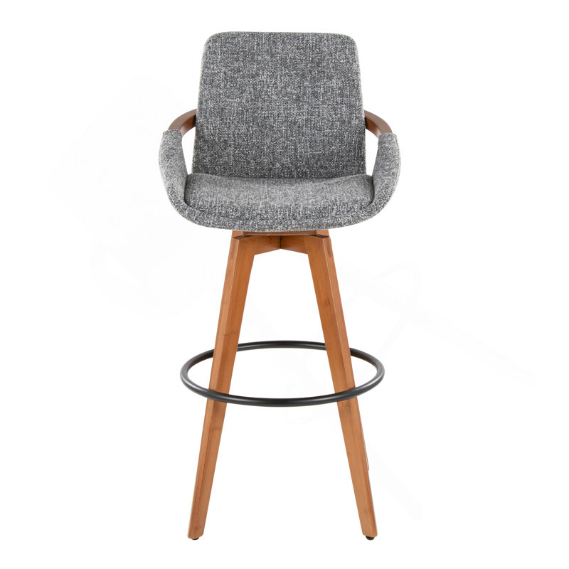 Tabouret de bar 29 po à hauteur fixe avec pivotant en bambou et tissu silencieux avec repose-pieds rond en métal noir, Gris