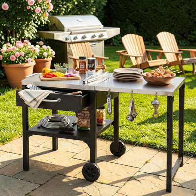 Stainless Steel Outdoor Prep Cart With Foldable Extension, Drawer & Lower Shelf, Rolling Patio Kitchen Island On Wheels