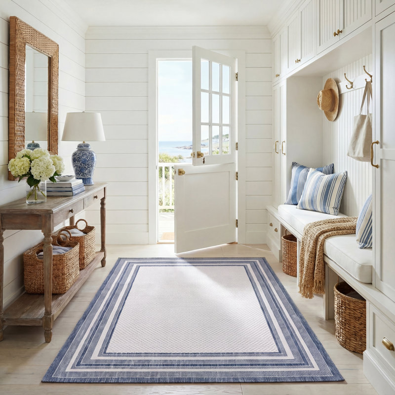 Tapis tissé à la machine Chapa, Rectangle 5 pi 3 po x 7 pi 7 po, Ivory/Navy