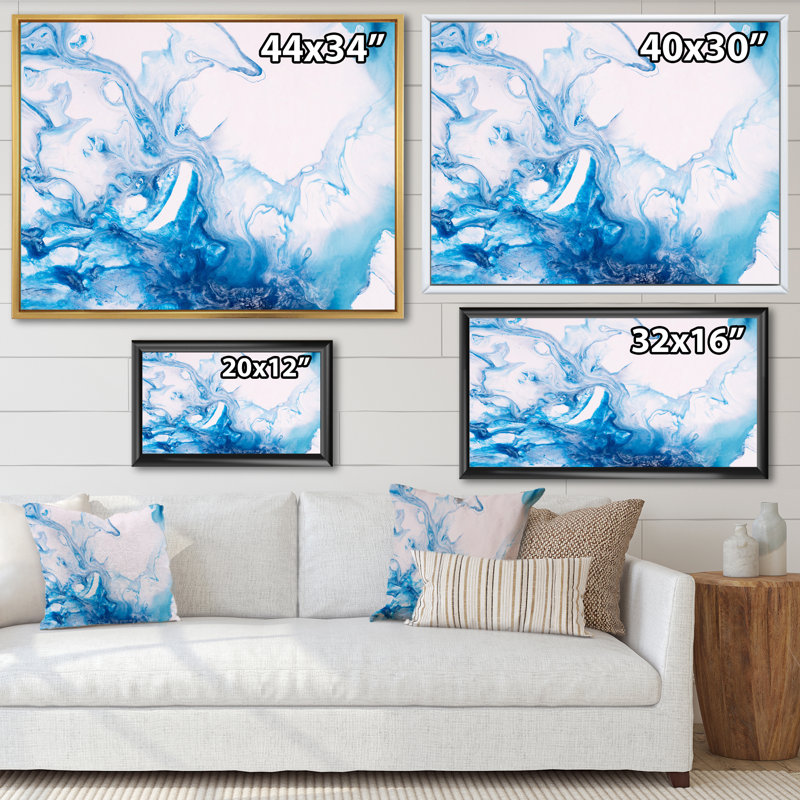 " Light Blue Ink Liquid Art II " Painting Print, Black Framed, 35" H x 45" W x 1.5" D
