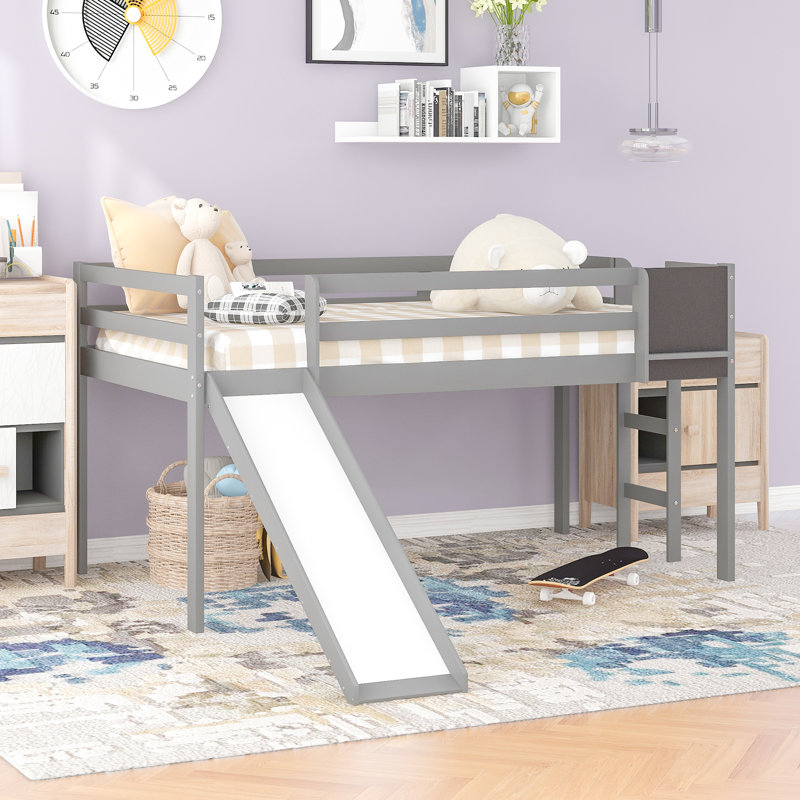 Lit mezzanine avec glissade, escalier et tableau noir, Gris, Lit simple