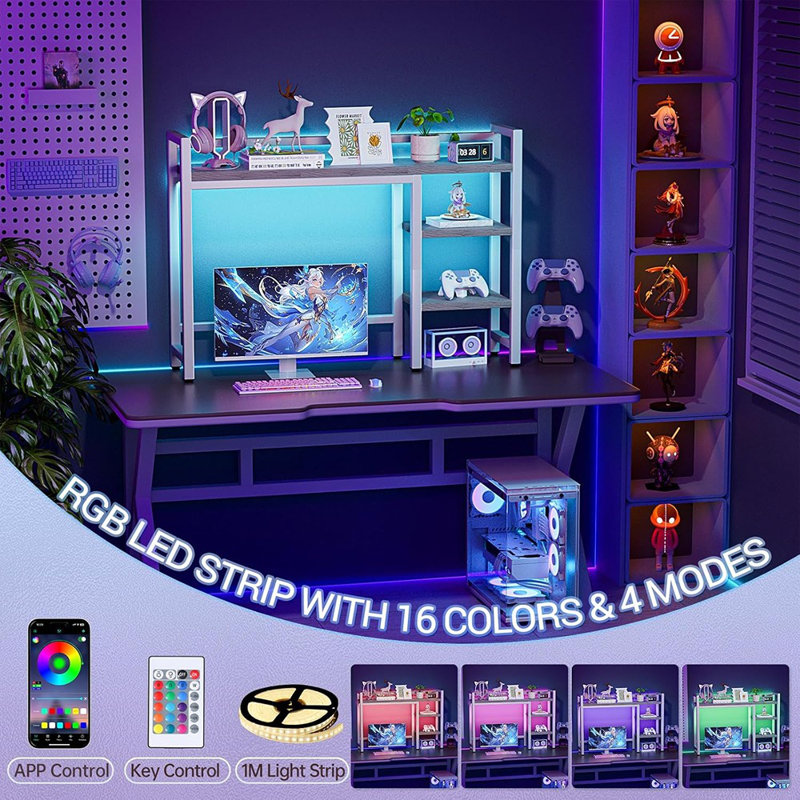 Desk Hutch With Colourful RGB Lights, 4 Tier Desktop Shelf For Max Computer Monitor, Desk Organizer Shelf For Tidy Storage Display, Desktop Bookshelf For Home, Office, Dorm, Gaming Table, Kitchen