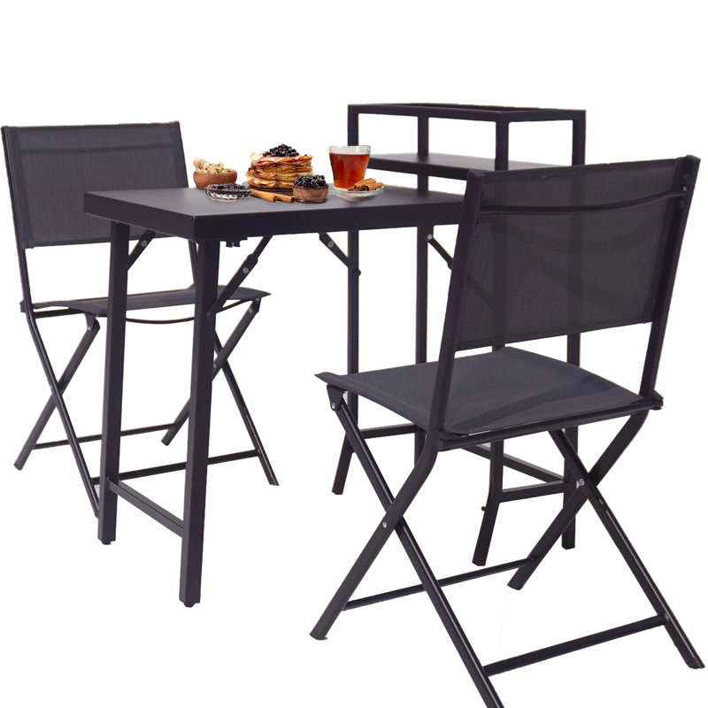 Patio d'extérieur 3 pièces, table et chaises noires pliables, structure rouille, acier inoxydable confortable