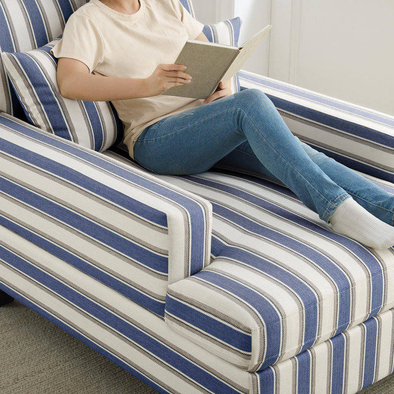 Chaise longue rembourrée en tissu 39,76 po, Lin rayé bleu marine