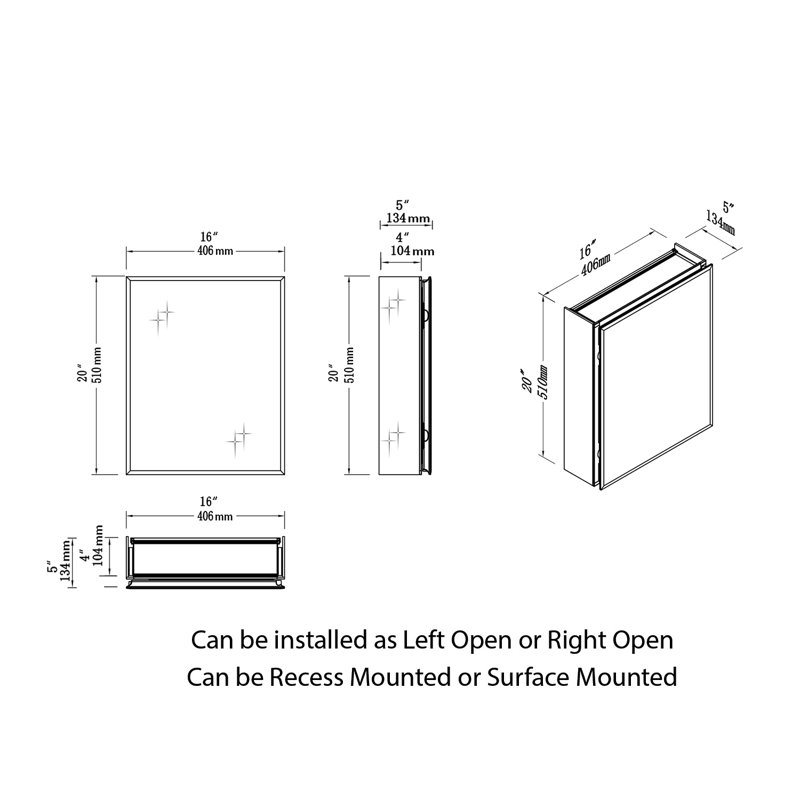 Armoire à pharmacie Abhisekh sans cadre avec 2 tablettes réglables, H 20 po x l 16 po x P 5 po