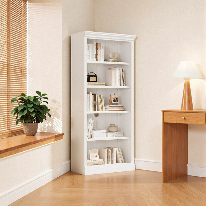 Bibliothèque à 5 niveaux PVolume avec tablettes réglables, capacité 55LB, éclairage intégré, Blanc