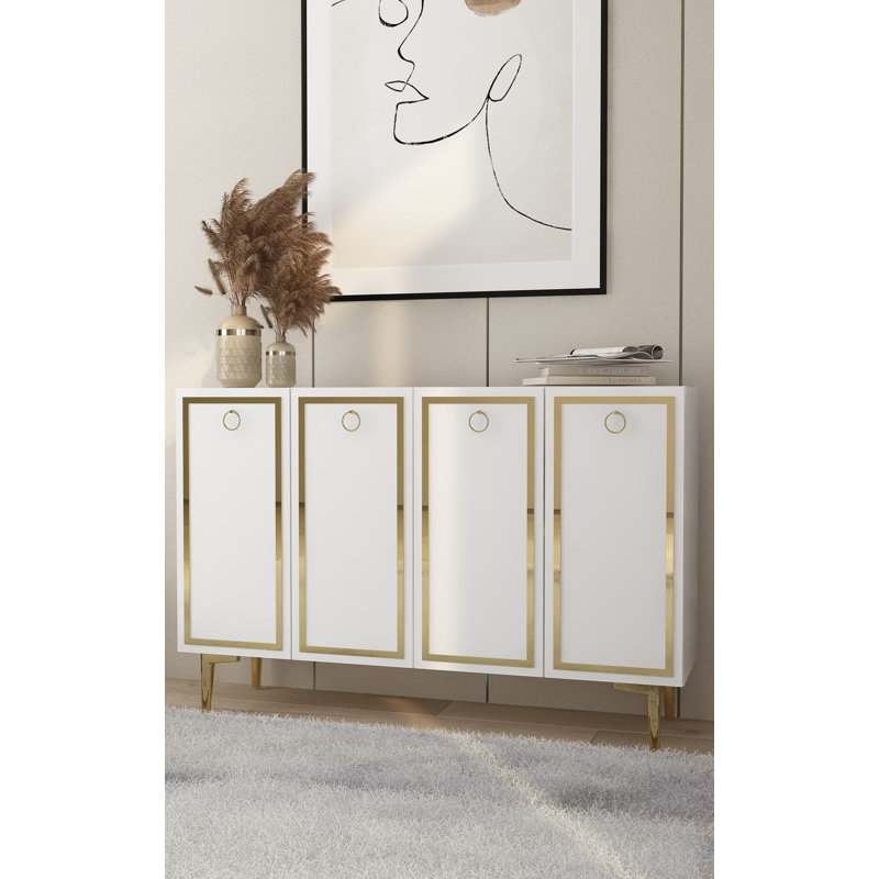 Modern Console Table with Numerous Shelves, White & Gold, 100% Melamine Coated Particle Board, Thickness: 0.7 inches | Wall-Mountable, Stylish Design for Entryway & Living Room Decor