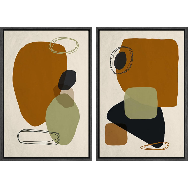 Mid Century Shape " Mid-Century Brown & Green Polygon Symbol Variety Abstract Shapes Modern Geometric " 2 - Pieces