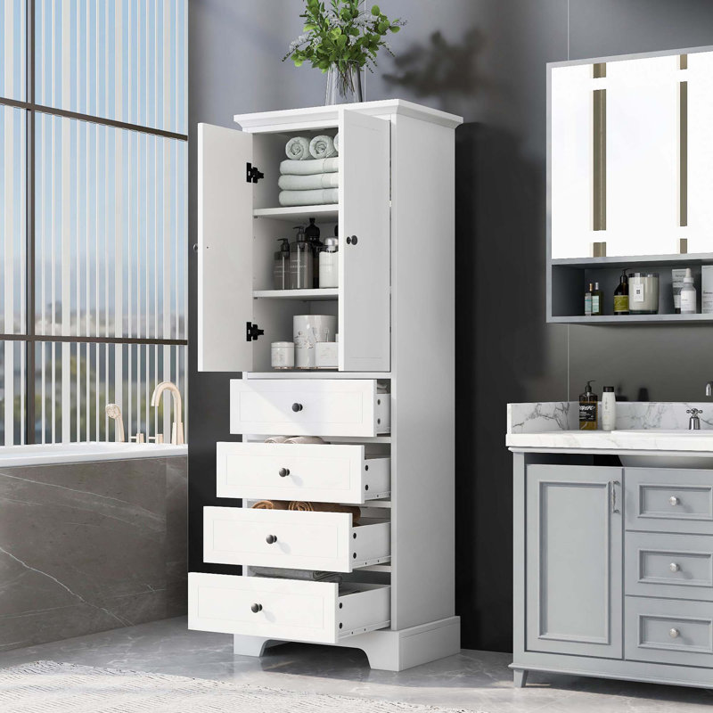 Armoire de rangement avec 2 portes et 4 tiroirs, tablette réglable, panneau de fibres à densité moyenne avec finition peinte