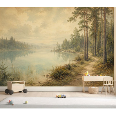 Papier peint adhésif autocollant Serene Forest Lake Misty Trees Tranquil Pathway