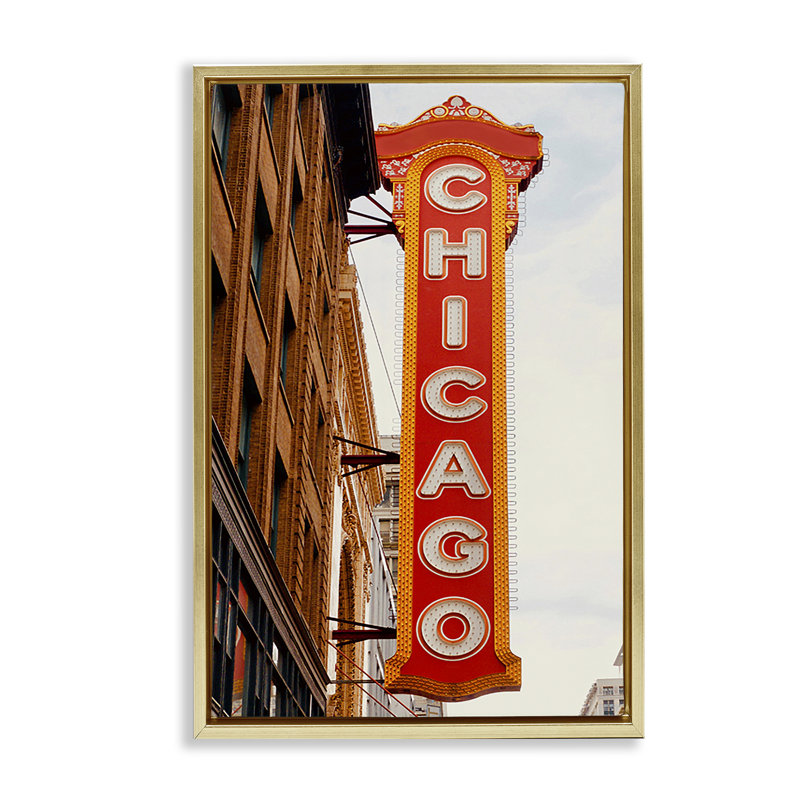 Toile flottante encadrée Chicago City Sign par Ashley Singleton, Cadre flottant métallique doré, H 25 po x l 17 po