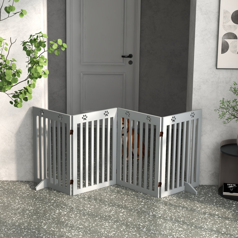 Tucker Murphy Pet™ 80" Extra Wide Freestanding Pet Gate Dog Barrier Folding Safety Fence With 4 Panel Support Feet For Doorway Stairs Light Grey