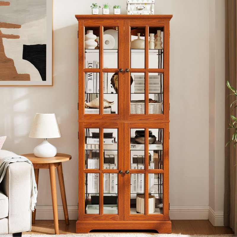 Vintage Curio, portes en verre, fermeture magnétique, éclairage à DEL avec tablettes réglables, armoire en chêne antique blanc foncé, poignée en métal, support stable,