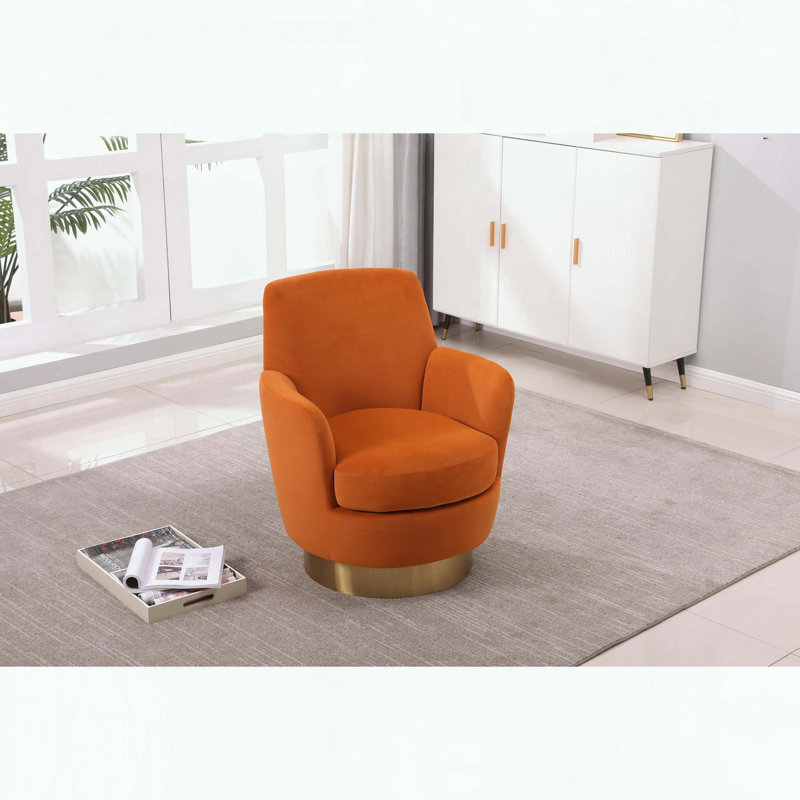 Fauteuil demi-tonneau en velours pivotant à 360 ° avec base dorée, Orange