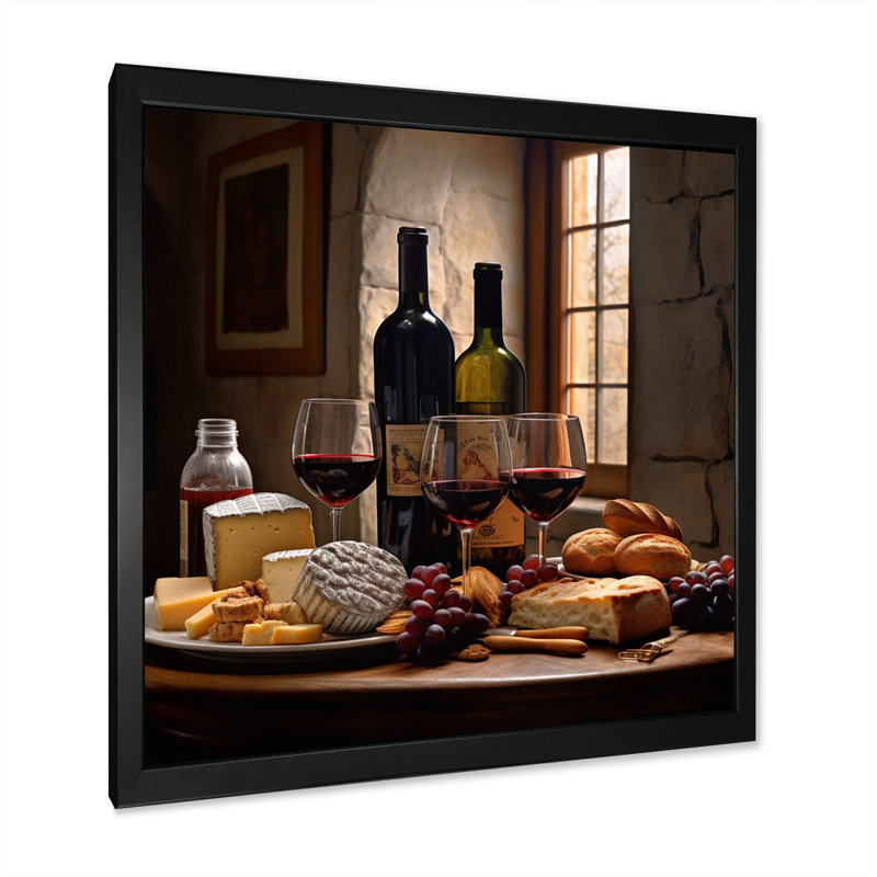 «Cheese and Wine I - Wine», art mural champagne, Cadre photo noir, H 16 po x l 16 po x P 1 po