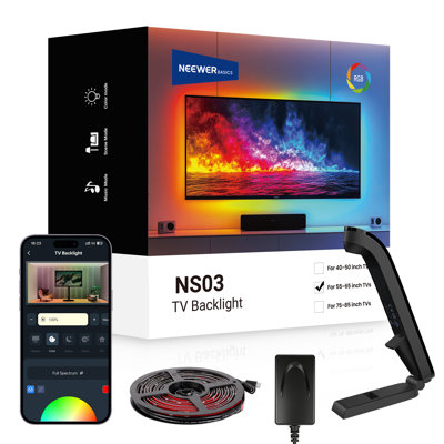 Rétroéclairage du téléviseur pour écrans de 55 po à 65 po, bandes lumineuses à DEL RVB de 11,8 pi / 3,6 m avec changement de capteur avec téléviseur, marche / arrêt programmé, synchro de couleur à retard zéro, synchro de musique, 24 effets de