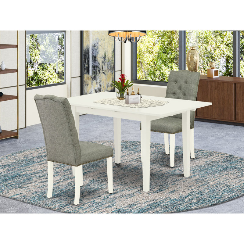 Ensemble de table de salle à manger rectangulaire en bois massif avec plateau papillon, Lin blanc, Gris / Blanc