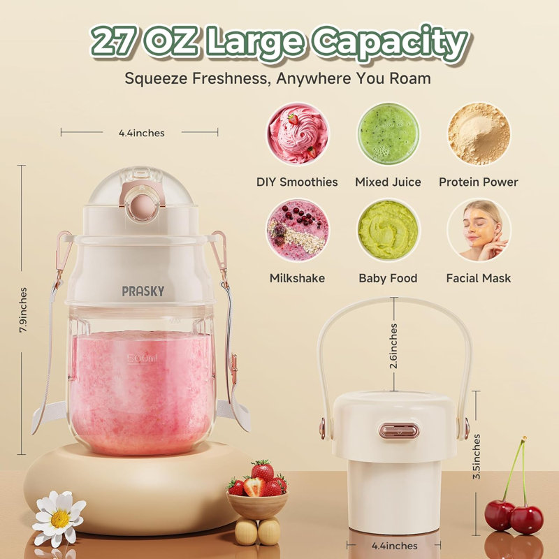 Portable Smoothie Maker: Rechargeable 27oz Blender with Strap for Gym & Travel