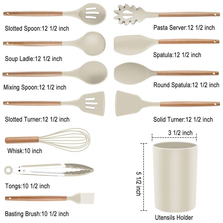  Silicone Cooking Utensils  Wooden Handle, Non-Stick Cookware  Heat Resistant Kitchen Utensil Spatula, Slotted & Solid Spoon, Soup Ladle,  Slotted Turner and Spaghetti Server - White : Home & Kitchen