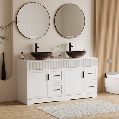 Ensemble de meuble-lavabo autoportant à double cuve 60 po avec plateau en bois manufacturé, lavabo vasque, robinet et drain Ghage, peint à la main résistant à l'eau