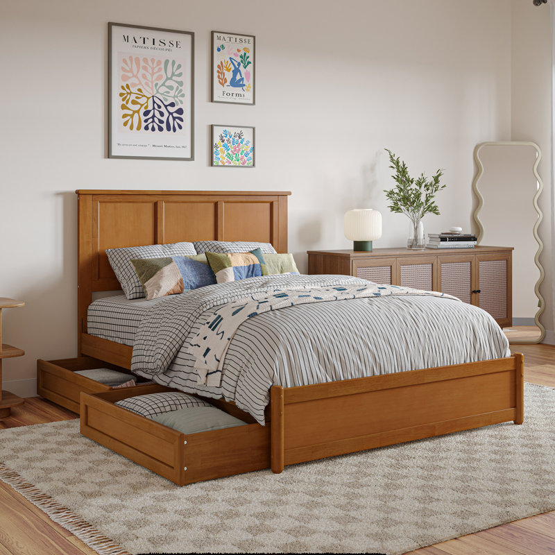 Lit plateforme avec rangement en bois massif Ashante avec pied de lit et tiroirs sous le lit, Double, Caramel clair