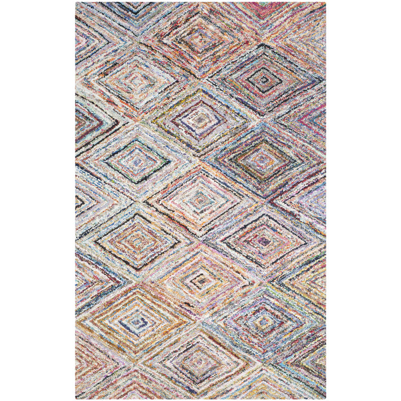 Tapis bleu / rose / jaune touffeté à la main à motif géométrique Anaheim, Rectangle 2 pi x 3 pi