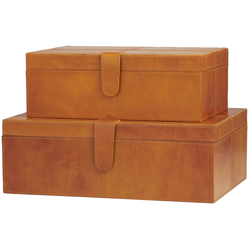 Brownsburg 2 Piece Handmade Faux Leather Decorative Box Set, Cognac Brown, 6.05" H x 12.15" W x 17.05" L