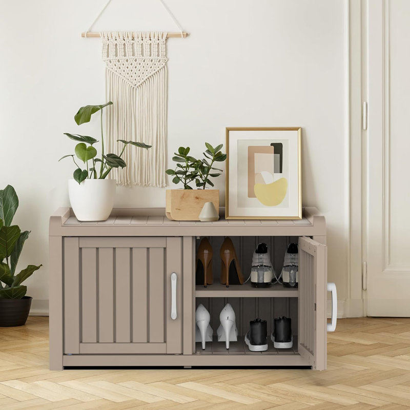Armoire à chaussures 32 pouces en résine café à double porte pour rangement dans l'entrée, le couloir ou le salon, Café clair