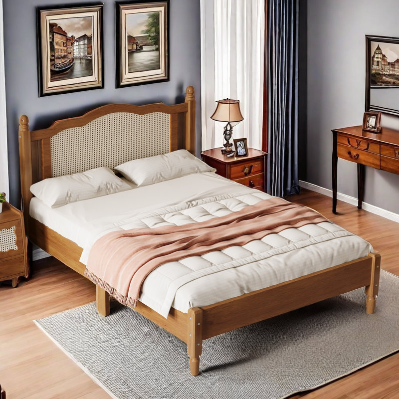 Bohemian Wooden Platform Bed With Natural Rattan Headboard And Arc Design, Full, Black