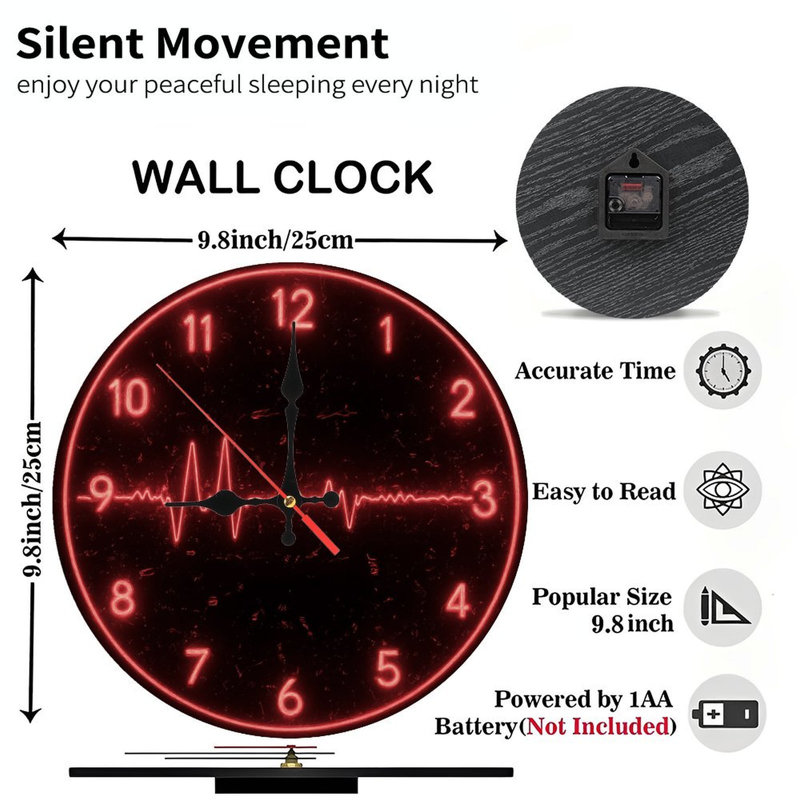 Horloge rouge néon avec ligne de battement de cœur