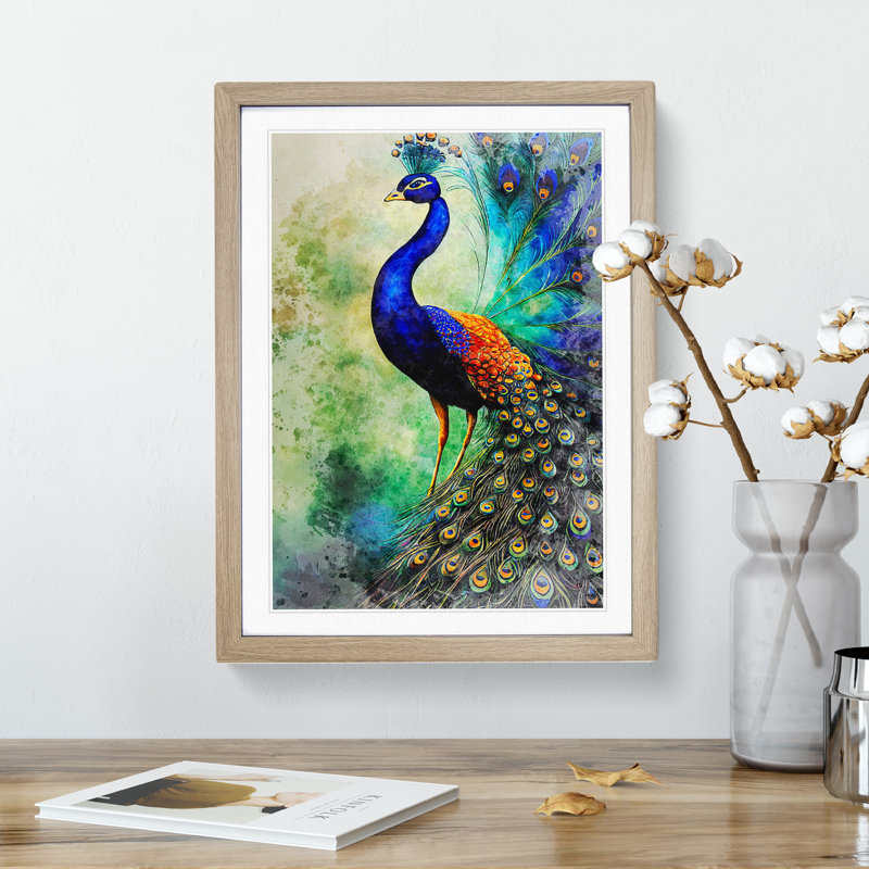Watercolour Peacock No.2 - Single Picture Frame Painting, Oak, 46cm H x 34cm W x 2cm D