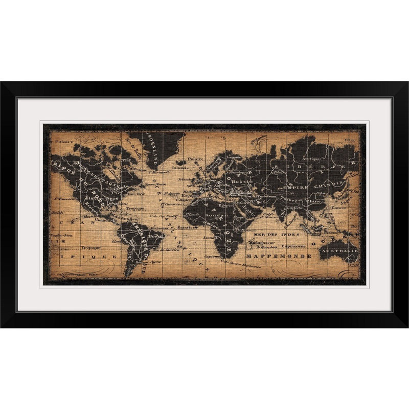 « Old World Map » par Pela Studio - impression d'art graphique, Cadre noir, H 23 po x l 38 po x P 1 po